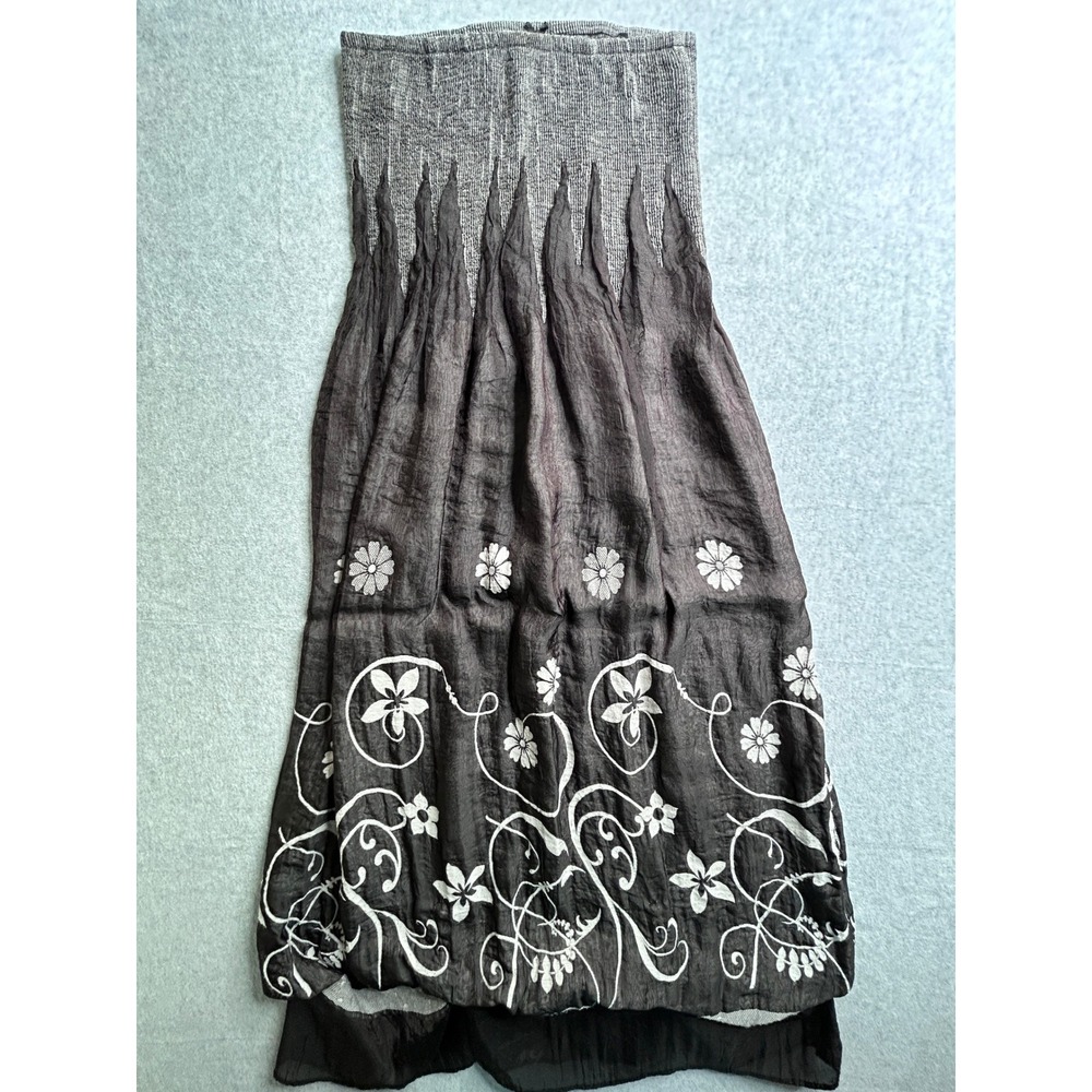 Lapis Black/Gray Smocked Floral Embroidered Crinkle Midi Skirt One Size
